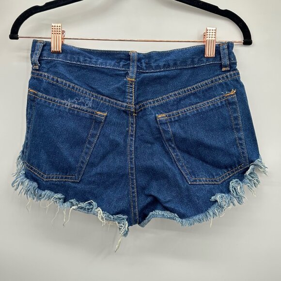 Forever 21 Button Fly Dark Wash Distressed Fringe Booty Shorts Size 27 - Picture 2 of 3